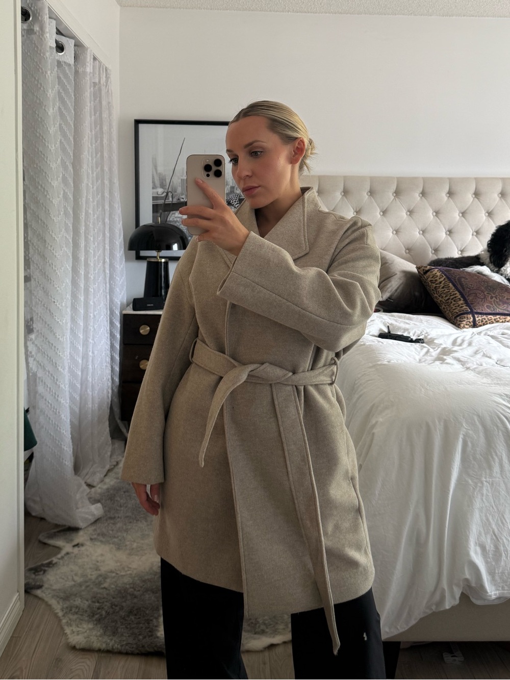 H&M Oatmeal Wool Blend Belted Wrap Coat Size S